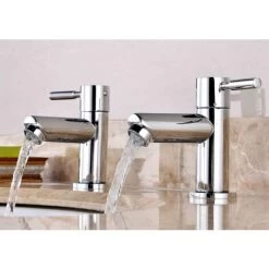 Pair Of Basin Taps,Twin Modern Round 1/2" Hot And Cold Bathroom Sink Taps, Chrome Brass 2pcs -Comfort Bathroom Store 46235780 3