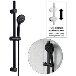 Matt Black Shower Riser Rail Kit Round Adjustable + 3 Mode Shower Head + Hose