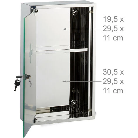 Relaxdays Stainless Steel Medicine Cabinet, Lockable Mirror Door, 2 Compartments, Home Pharmacy, HWD: 50 X 30 X 11 Cm, Silver 7 Relaxdays Stainless Steel Medicine Cabinet, Lockable Mirror Door, 2 Compartments, Home Pharmacy, HWD: 50 X 30 X 11 Cm, Silver - Image 5
