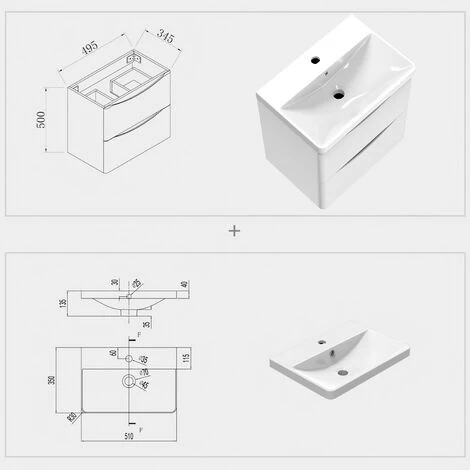 Acezanble 500mm Wall Hung Bathroom Cabinet Vanity Sink Unit With Basin,2 Drawers Gloss White 6 Acezanble 500mm Wall Hung Bathroom Cabinet Vanity Sink Unit With Basin,2 Drawers Gloss White - Image 4