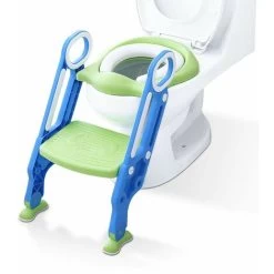 LITZEE Baby Potty Training Toilet Seat Adjustable Toddler Child Toilet Trainer With Step Stool Ladder, Anti-Slip, Sturdy (75KG), Foldable For 1-7 Kids (Green & Blue)