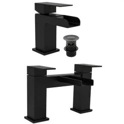 Black Matt Basin Sink Bathroom Luxury Waterfall & Bath Filler Tap Set