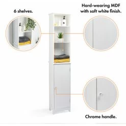 VonHaus Tall Bathroom Cabinet - White Tallboy Storage Unit W/ Cupboard & 6 Shelves - Freestanding Slim Bathroom Cabinet - Wooden Bathroom Furniture - Water Resistant Paint -Comfort Bathroom Store 54925157 3