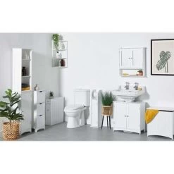 VonHaus Tall Bathroom Cabinet - White Tallboy Storage Unit W/ Cupboard & 6 Shelves - Freestanding Slim Bathroom Cabinet - Wooden Bathroom Furniture - Water Resistant Paint -Comfort Bathroom Store 54925157 4