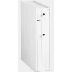 VonHaus White Bathroom Storage Unit - Slim Bathroom Cabinet, Narrow Freestanding Bathroom Organiser With Drawer & Slideout Shelf, Ideal For Cleaning & Toilet Products