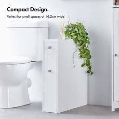 VonHaus White Bathroom Storage Unit - Slim Bathroom Cabinet, Narrow Freestanding Bathroom Organiser With Drawer & Slideout Shelf, Ideal For Cleaning & Toilet Products -Comfort Bathroom Store 54925213 3