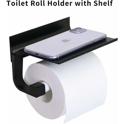 Toilet Roll Holder With Shelf Aluminyo Wall Mounted Adhesive Glue And Drilling Screws For Bathroom(Black) 4 Toilet Roll Holder With Shelf Aluminyo Wall Mounted Adhesive Glue And Drilling Screws For Bathroom(Black) - Image 2