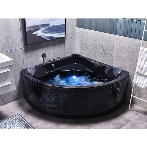 Modern Hot Tub Corner Bathtub Hydro Massage Jets LED Light Black Acrylic Baracoa 4 Modern Hot Tub Corner Bathtub Hydro Massage Jets LED Light Black Acrylic Baracoa - Image 2