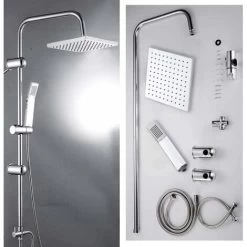 Modern Chrome Riser Rail Mixer Shower Square Head Kit For Bathroom, Stainless Steel Hose, With Fittings