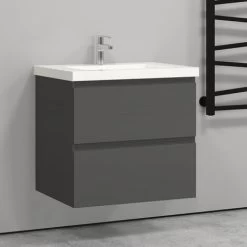 600mm Vanity Unit With Basin Wall Hung Matt Grey Storage Cabinets 2 Drawers