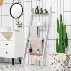 4-Tier Wooden Ladder Towel Rack Holder Wall Leaning Blanket Shelf Stand Bathroom