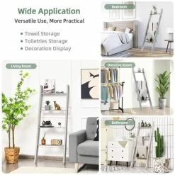 4-Tier Wooden Ladder Towel Rack Holder Wall Leaning Blanket Shelf Stand Bathroom 11 4-Tier Wooden Ladder Towel Rack Holder Wall Leaning Blanket Shelf Stand Bathroom -Comfort Bathroom Store 60442950 5