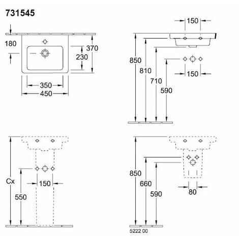 Villeroy & Boch Subway 2.0 Wall Hung Basin With Overflow - 450mm Wide - 1 Tap Hole - White - 73154501 4 Villeroy & Boch Subway 2.0 Wall Hung Basin With Overflow - 450mm Wide - 1 Tap Hole - White - 73154501 - Image 2