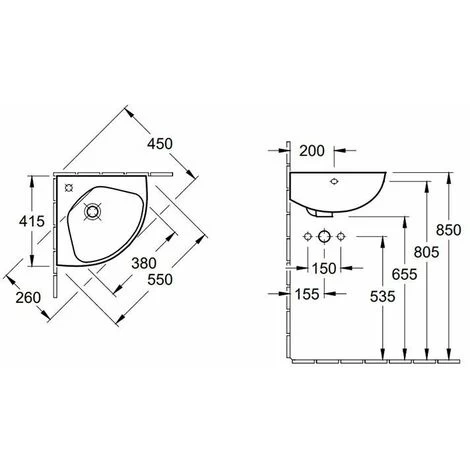 Villeroy & Boch O.Novo Compact Corner Basin With Overflow - 415mm Wide - 1 Tap Hole - White Alpin - 73274001 4 Villeroy & Boch O.Novo Compact Corner Basin With Overflow - 415mm Wide - 1 Tap Hole - White Alpin - 73274001 - Image 2