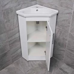 Corner Vanity Unit Including Basin Sink White Gloss Cloakroom Unit White, Without Tap -Comfort Bathroom Store 64565057 2