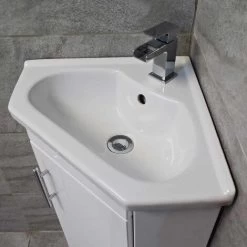Corner Vanity Unit Including Basin Sink White Gloss Cloakroom Unit White, Without Tap -Comfort Bathroom Store 64565057 3