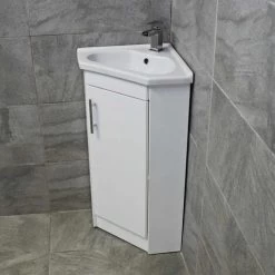 Corner Vanity Unit Including Basin Sink White Gloss Cloakroom Unit White, Without Tap -Comfort Bathroom Store 64565057 5
