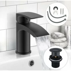 Black Waterfall Cloakroom Mini Basin Mixer Tap Sink Mono Bathroom + Waste 10yr