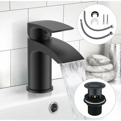 Black Waterfall Cloakroom Mini Basin Mixer Tap Sink Mono Bathroom + Waste 10yr 3 Black Waterfall Cloakroom Mini Basin Mixer Tap Sink Mono Bathroom + Waste 10yr