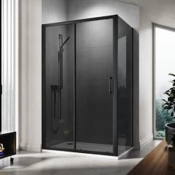 ELEGANT 1200mm Shower Cabin Black Sliding Door 760mm Shower Screen Panel 8mm Nano Glass Wet Room With Shower Base Tray 1200x760mm And Waste Trap