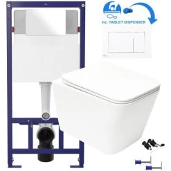 White Square Rimless Wall Hung Toilet & 1.12m Concealed WC Cistern Frame Set - Gloss White Square Plate