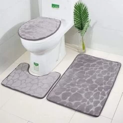 RHAFAYRE 3pcs Memory Foam Bath Mat Pedestal And Bath Mat Shower Mat Bathroom Mat, U-shaped Contour Mat And Toilet Seat Cover(Gray) -Comfort Bathroom Store 68008524 2