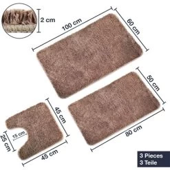 RHAFAYRE Bath Mat Set Of 3 Pieces - 3X Bath Mats (45x45 + 50x80 + 60x100cm) - Non-Slip & Washable Bath Mat - With WC Cutout - Brown -Comfort Bathroom Store 68008527 3
