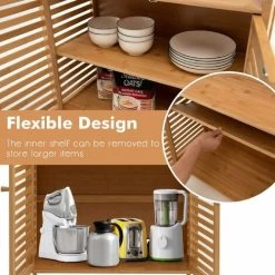 COSTWAY Bathroom Floor Cabinet, Bamboo Freestanding Storage Cupboard With Double Louvered Doors And Open Shelf, Side Cabinet Display Organiser Unit For Living Room Kitchen Hallway -Comfort Bathroom Store 68350943 3