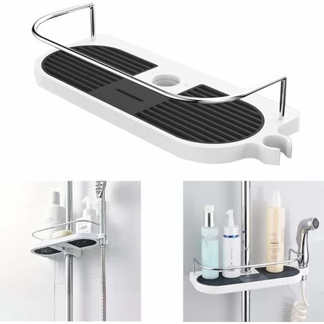 No Drilling Shower Shelf For Shower Rail, Aluminum Alloy Adjustable Pole Telescopic Shower Shelf With 2 Towel Hooks, Fits 19mm - 25mm Rail 3 No Drilling Shower Shelf For Shower Rail, Aluminum Alloy Adjustable Pole Telescopic Shower Shelf With 2 Towel Hooks, Fits 19mm - 25mm Rail