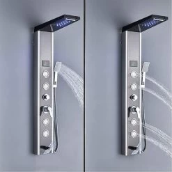 SUGUWORD Shower Tower Panel Stainless Steel 5 Functions Rainfall Waterfall Shower Head Hydroelectricity Massage Jet Handheld Shower Sprayer Wall Mounted Brushed Nickel And Black Shower Panel Column -Comfort Bathroom Store 71582337 3