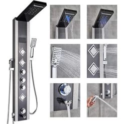 SUGUWORD Shower Tower Panel LED Shower System With 6 Functions, Unique Powerful Hydromassage And Bidet Tap Shower Tower Wall Mounted Black And Brushed Nickel