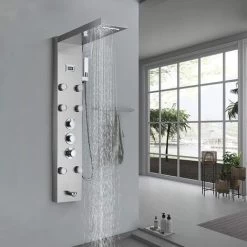SUGUWORD Thermostatic Shower Tower Panel Temperature Screen 5 Functions,Rainfall And Waterfall Shower Head+Hand Sprayer+Massage Jets+Tub Spout,3 Handles Thermostatic Control Brushed Nickel
