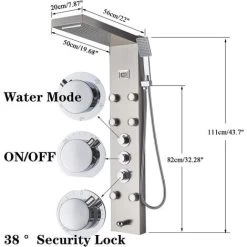 SUGUWORD Thermostatic Shower Tower Panel Temperature Screen 5 Functions,Rainfall And Waterfall Shower Head+Hand Sprayer+Massage Jets+Tub Spout,3 Handles Thermostatic Control Brushed Nickel -Comfort Bathroom Store 71582350 3