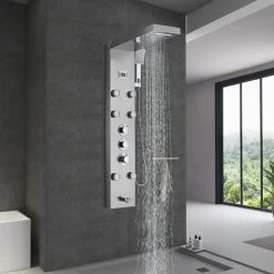 SUGUWORD Thermostatic Shower Tower Panel Temperature Screen 5 Functions,Rainfall And Waterfall Shower Head+Hand Sprayer+Massage Jets+Tub Spout,3 Handles Thermostatic Control Brushed Nickel -Comfort Bathroom Store 71582350 4