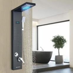 SUGUWORD LED Shower Panel Tower System Black 304 Stainless Steel 5 Function With Rainfall Waterfall Shower Head Massage Jets Hand Shower And Tub Spout Shower System