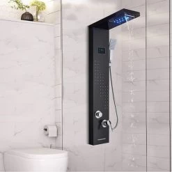 SUGUWORD LED Shower Panel Tower System Black 304 Stainless Steel 5 Function With Rainfall Waterfall Shower Head Massage Jets Hand Shower And Tub Spout Shower System -Comfort Bathroom Store 71582354 3