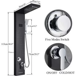 SUGUWORD LED Shower Panel Tower System Black 304 Stainless Steel 5 Function With Rainfall Waterfall Shower Head Massage Jets Hand Shower And Tub Spout Shower System -Comfort Bathroom Store 71582354 5