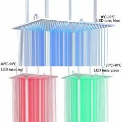 SUGUWORD LED 24 Inch Rainfall Shower Head Square Temperature Sensor 3 Colors Changing Polished Chrome Solid Brass Ceiling Mounted Bathroom High Pressure Luxury Rainfall Shower Head Full Body Coverage -Comfort Bathroom Store 71582361 2