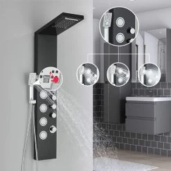 SUGUWORD Shower Panel Tower With 4 Functions Rainfall And Waterfall Head Massage Jet 3-Types Hand Shower Can Working At The Same Time Black Shower System Wall Mounted -Comfort Bathroom Store 71582364 3