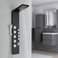 SUGUWORD Shower Panel Tower With 4 Functions Rainfall And Waterfall Head Massage Jet 3-Types Hand Shower Can Working At The Same Time Black Shower System Wall Mounted -Comfort Bathroom Store 71582364 5