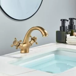 SUGUWORD Vanity Sink Tap Deck Mounted Antique Brass Double Hot And Cold Water Single Spout Faucet