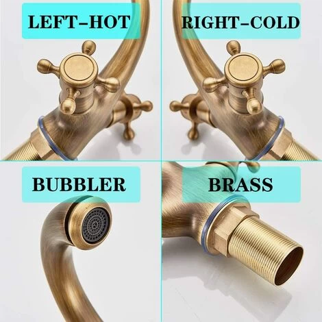 SUGUWORD Vanity Sink Tap Deck Mounted Antique Brass Double Hot And Cold Water Single Spout Faucet 5 SUGUWORD Vanity Sink Tap Deck Mounted Antique Brass Double Hot And Cold Water Single Spout Faucet - Image 3