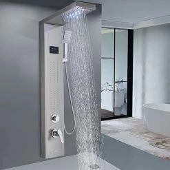 SUGUWORD LED Shower Tower Panel System 304 Stainless Steel 5 Function With Rainfall Waterfall Shower Head Massage Jets Hand Shower And Tub Spout Shower System Brushed Nickel