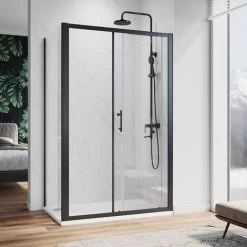 ELEGANT 1200 X 700 Mm Sliding Shower Enclosure Matt Black Frame Cubicle With Tray And Waste + Side Panel + Riser Kit -Comfort Bathroom Store 71855400 2