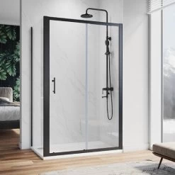ELEGANT 1200 X 900 Mm Sliding Shower Enclosure Matt Black Frame Cubicle With Tray And Waste + Side Panel + Riser Kit