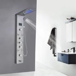 Shower Tower System Stainless Steel LED Rainfall Waterfall Shower Head LCD Display And Handheld Sprayer 8 Massage Jets Tub Spout,Brushed Nickel Finish -Comfort Bathroom Store 72218600 3