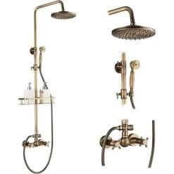 Bathroom Shower System Antique Brass Finish 8 Inch Round Rainfall Shower Head And Hand Sprayer With Shelf Holder Shower Set