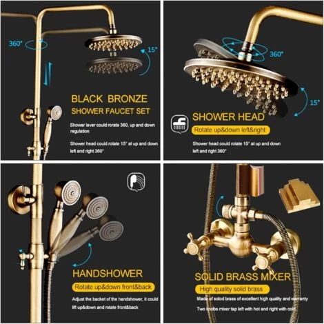 Bathroom Shower System Antique Brass Finish 8 Inch Round Rainfall Shower Head And Hand Sprayer With Shelf Holder Shower Set 6 Bathroom Shower System Antique Brass Finish 8 Inch Round Rainfall Shower Head And Hand Sprayer With Shelf Holder Shower Set - Image 4