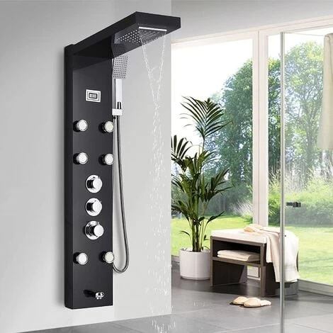 Thermostatic Shower Tower Panel With Temperature Screen 5 Functions Rainfall And Waterfall Shower Head Hand Sprayer Massage Jets Tub Spout Black Stainless Steel Bathroom Shower System 3 Thermostatic Shower Tower Panel With Temperature Screen 5 Functions Rainfall And Waterfall Shower Head Hand Sprayer Massage Jets Tub Spout Black Stainless Steel Bathroom Shower System