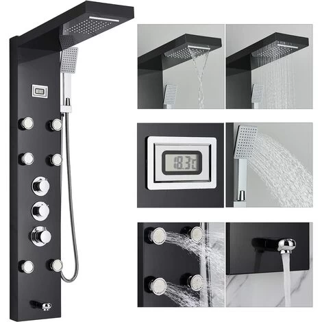 Thermostatic Shower Tower Panel With Temperature Screen 5 Functions Rainfall And Waterfall Shower Head Hand Sprayer Massage Jets Tub Spout Black Stainless Steel Bathroom Shower System 4 Thermostatic Shower Tower Panel With Temperature Screen 5 Functions Rainfall And Waterfall Shower Head Hand Sprayer Massage Jets Tub Spout Black Stainless Steel Bathroom Shower System - Image 2